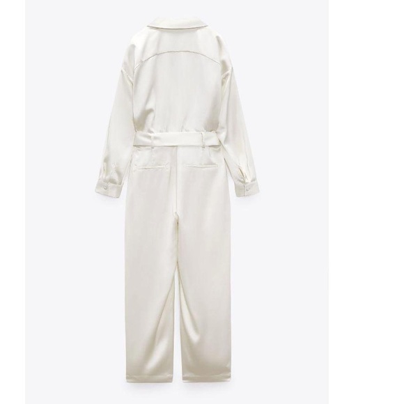 🤍 ZARA Oyster White Belted Satin Effect Crepe Jumpsuit sz XL - Picture 4 of 5